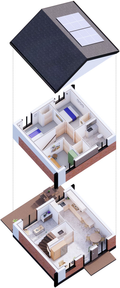 Exploded axonometric drawing of the V1.2 house type