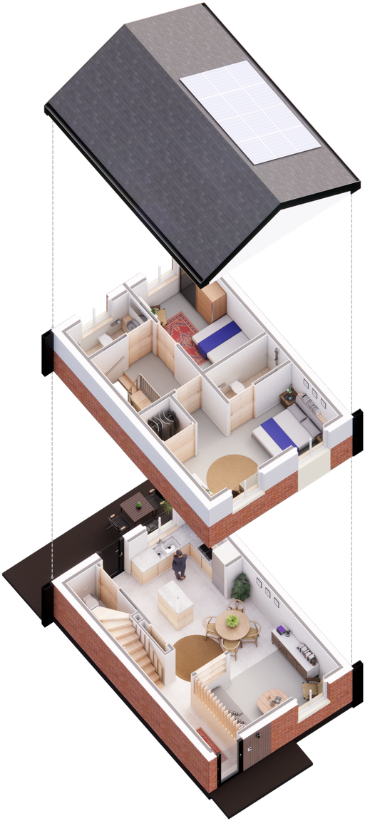 Exploded axonometric drawing of the V1.2S house type