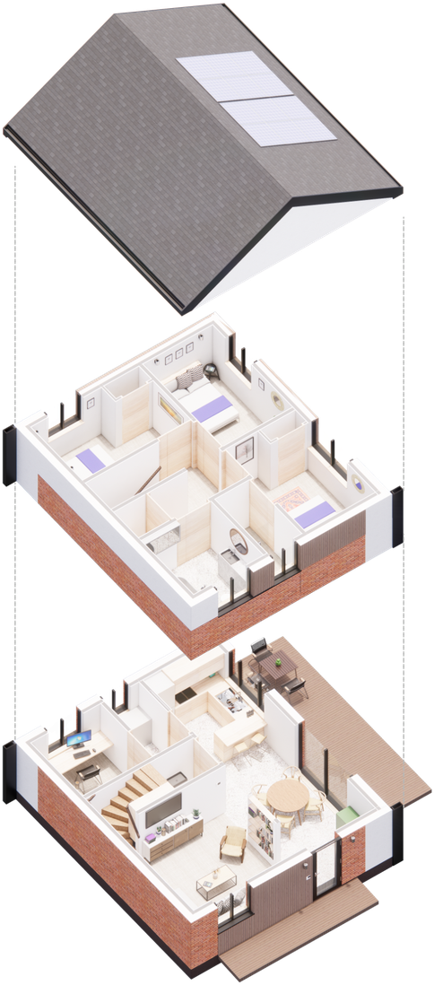 Exploded axonometric drawing of the V2.2 house type