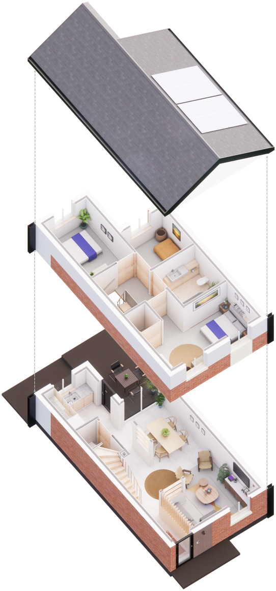Exploded axonometric drawing of the V2.2S house type