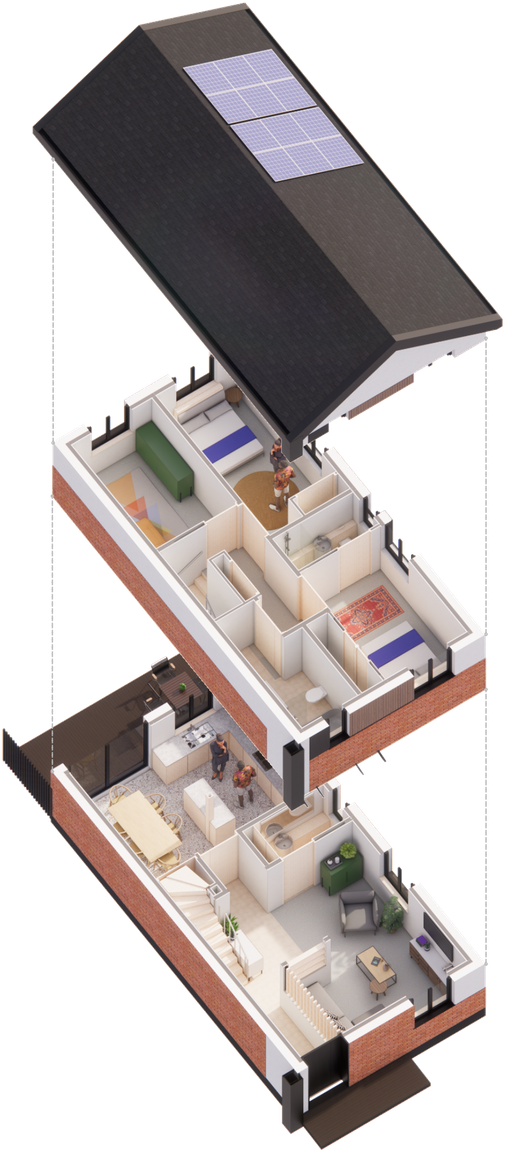 Exploded axonometric drawing of the V3.2S house type: roof with solar panels lifted clear of, first-floor and ground-floor plans, brick plinth.