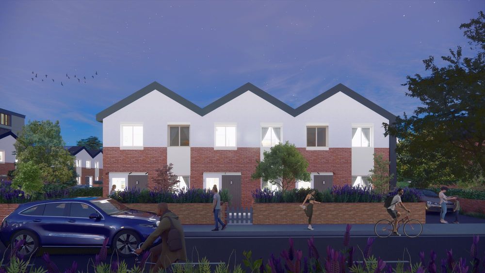 Render of the V3.2S three-home terrace at dusk